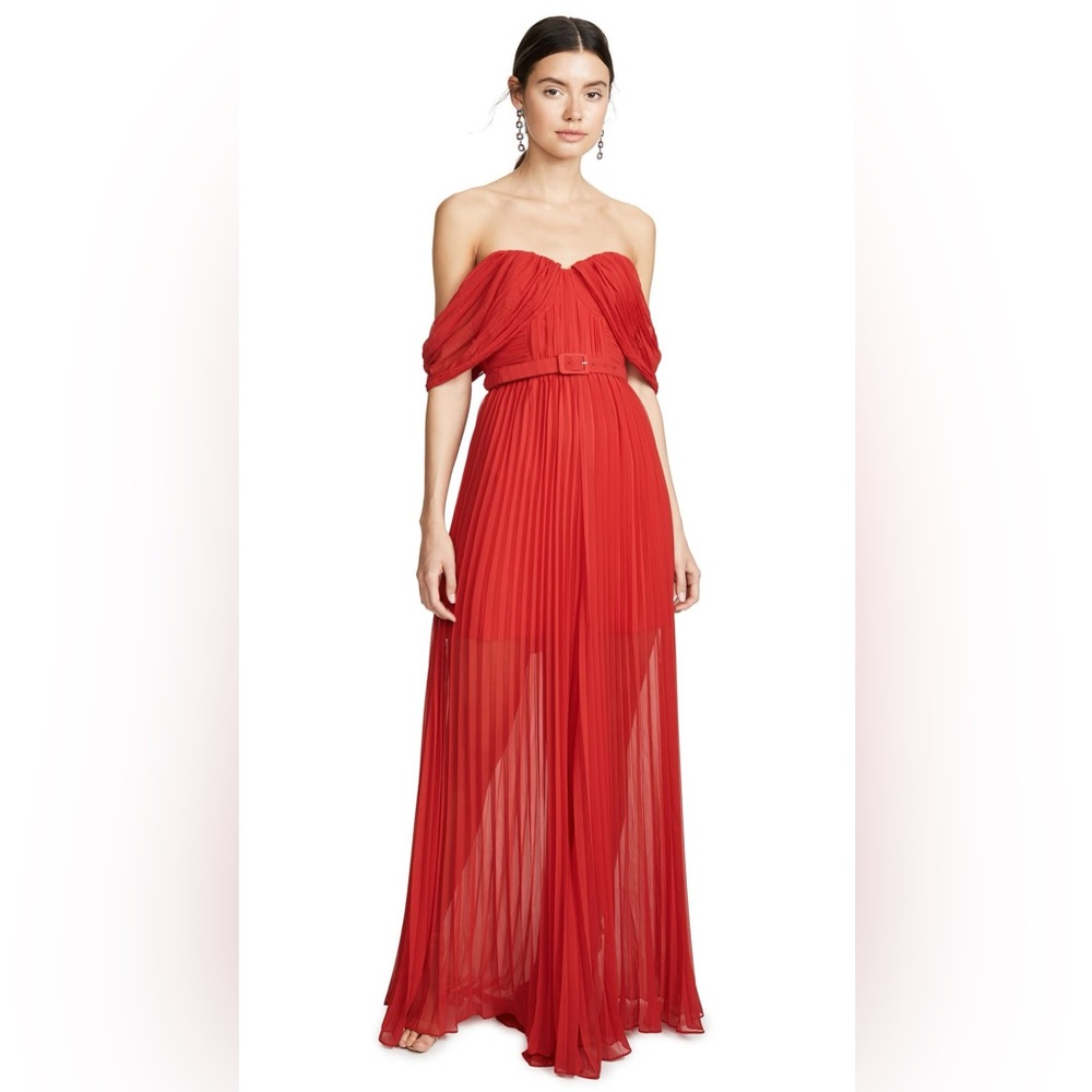 SELF-PORTRAIT red chiffon micro pleat wide leg jumpsuit off shoulder luxury sz 2